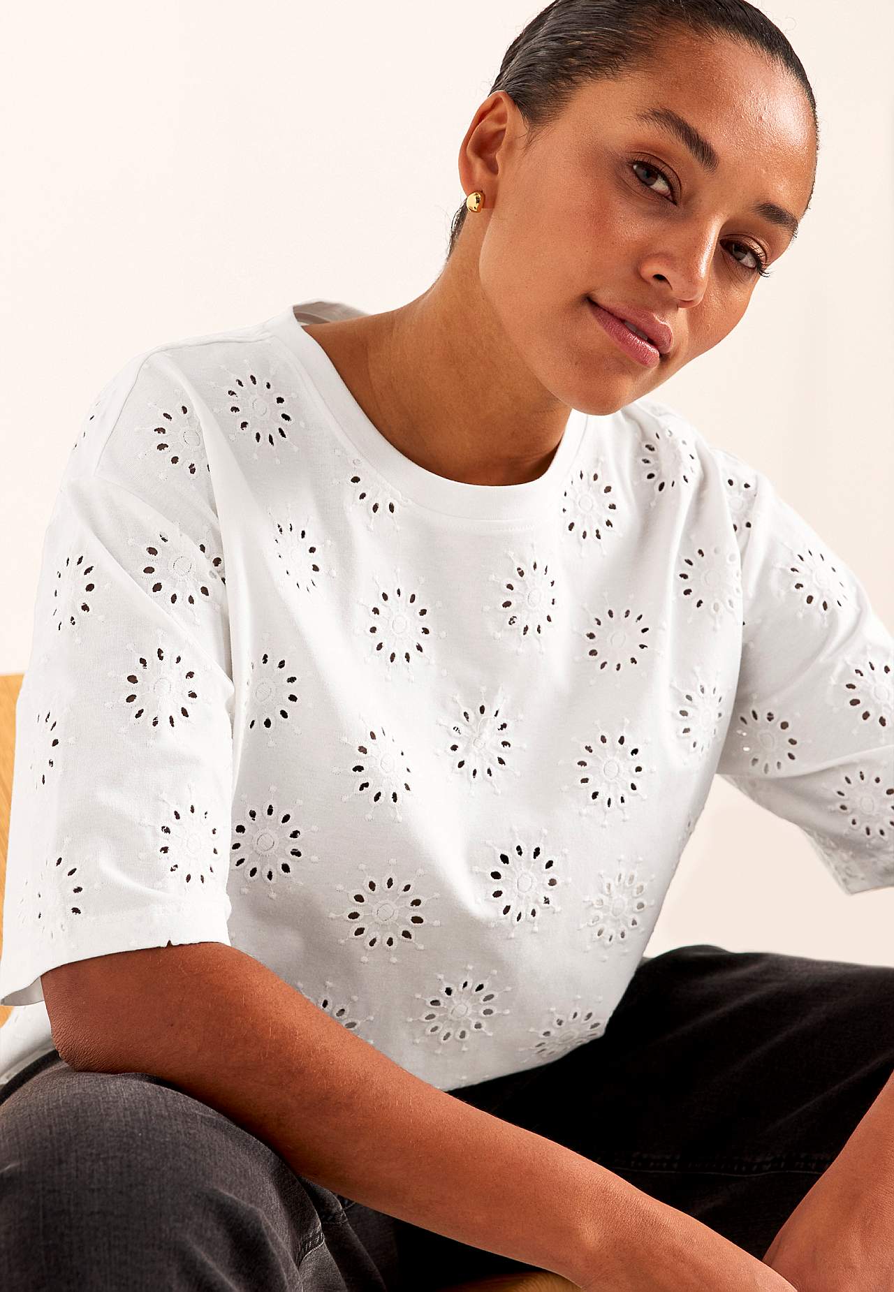 Jersey top with embroidered openwork