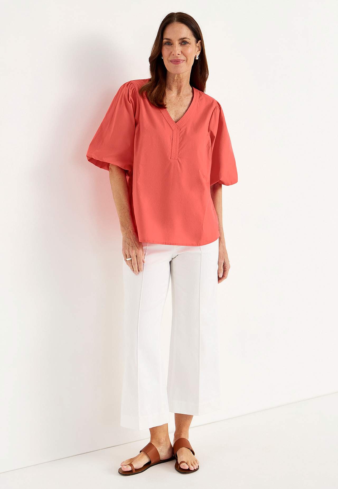 Tunic in cotton poplin with puff sleeves