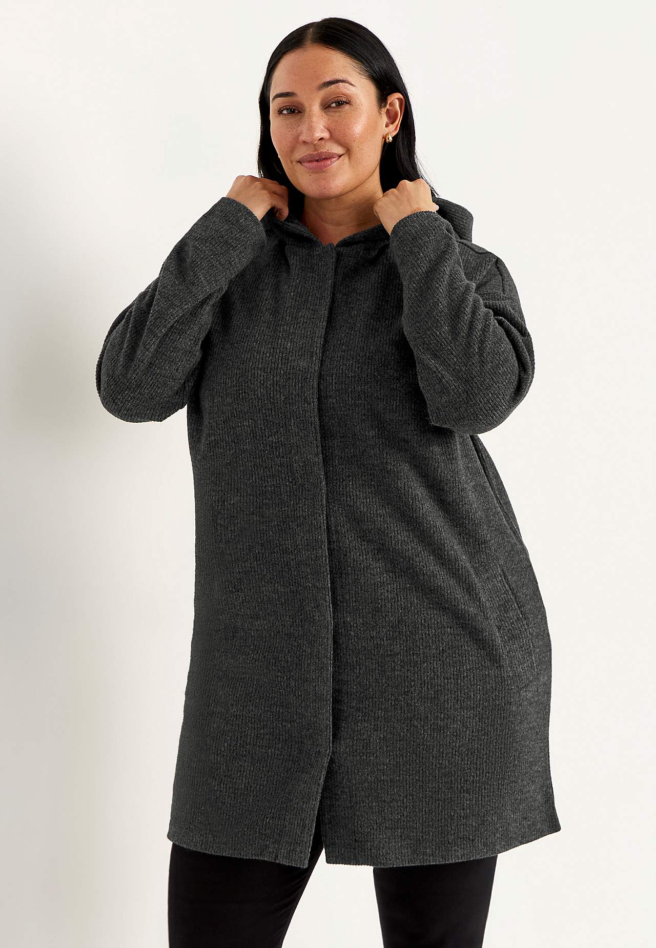 Supermyk, lang cardigan med hette