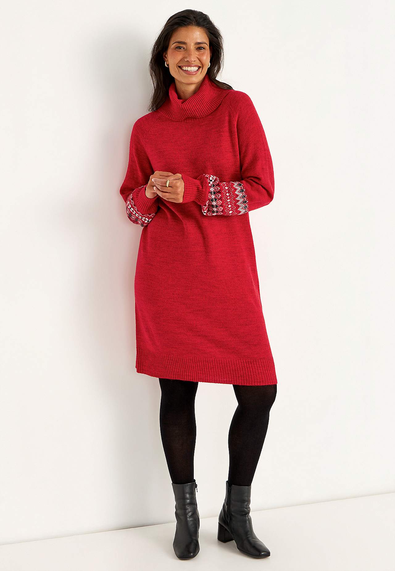 Strikket kjole med jacquard- mønstrede ermer