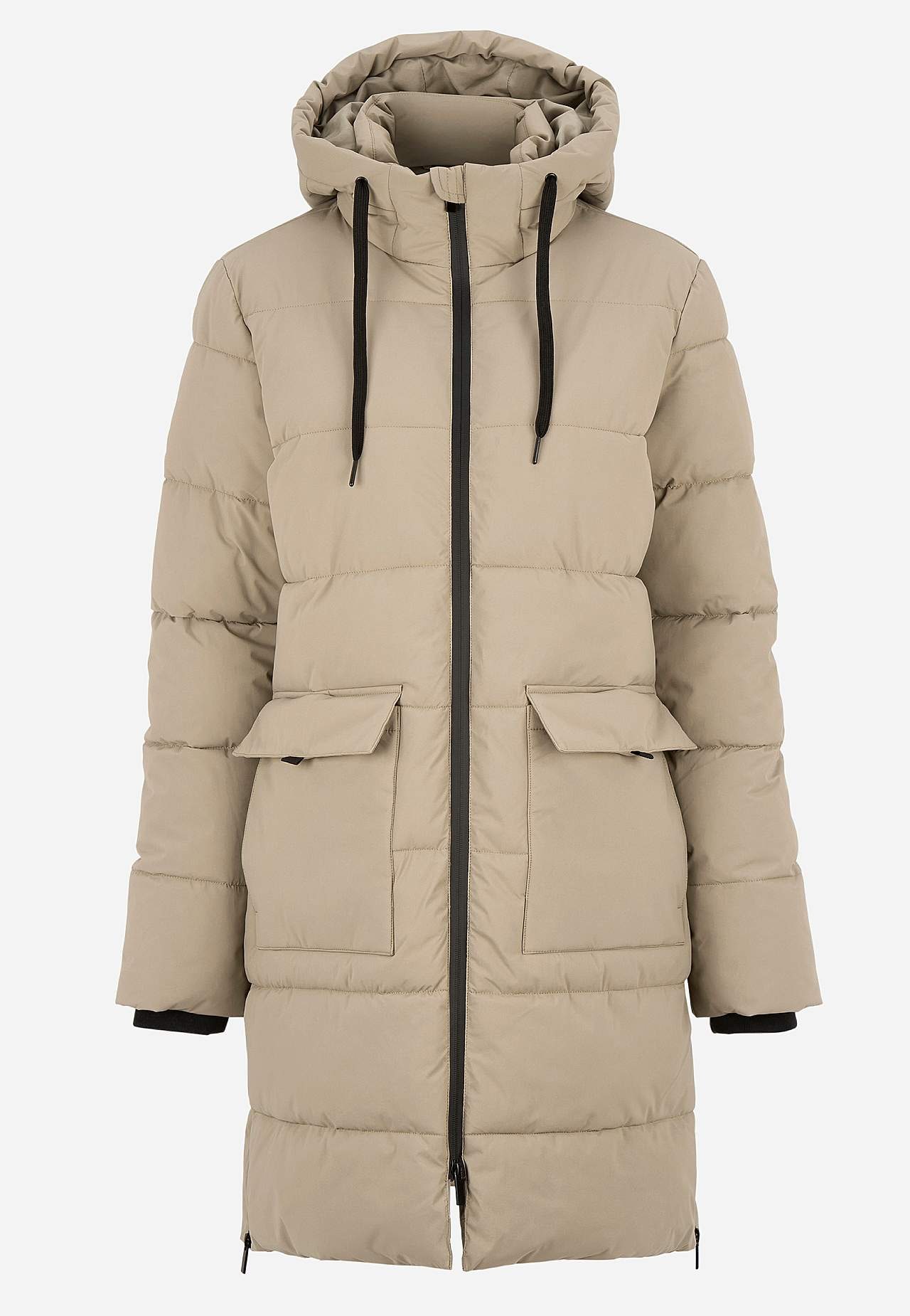 Warm coat with side zips at the bottom