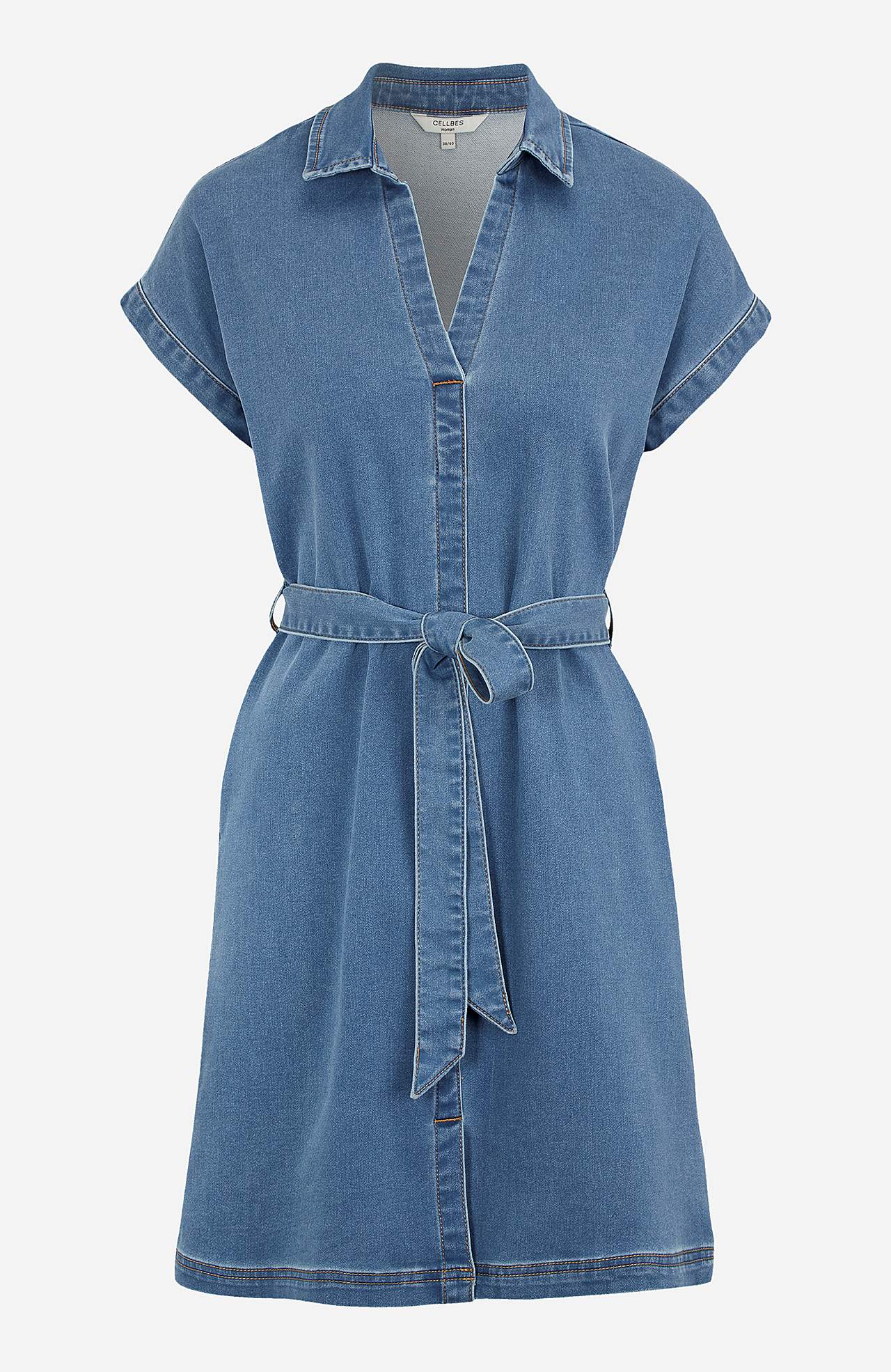 Short denim dress with tie belt