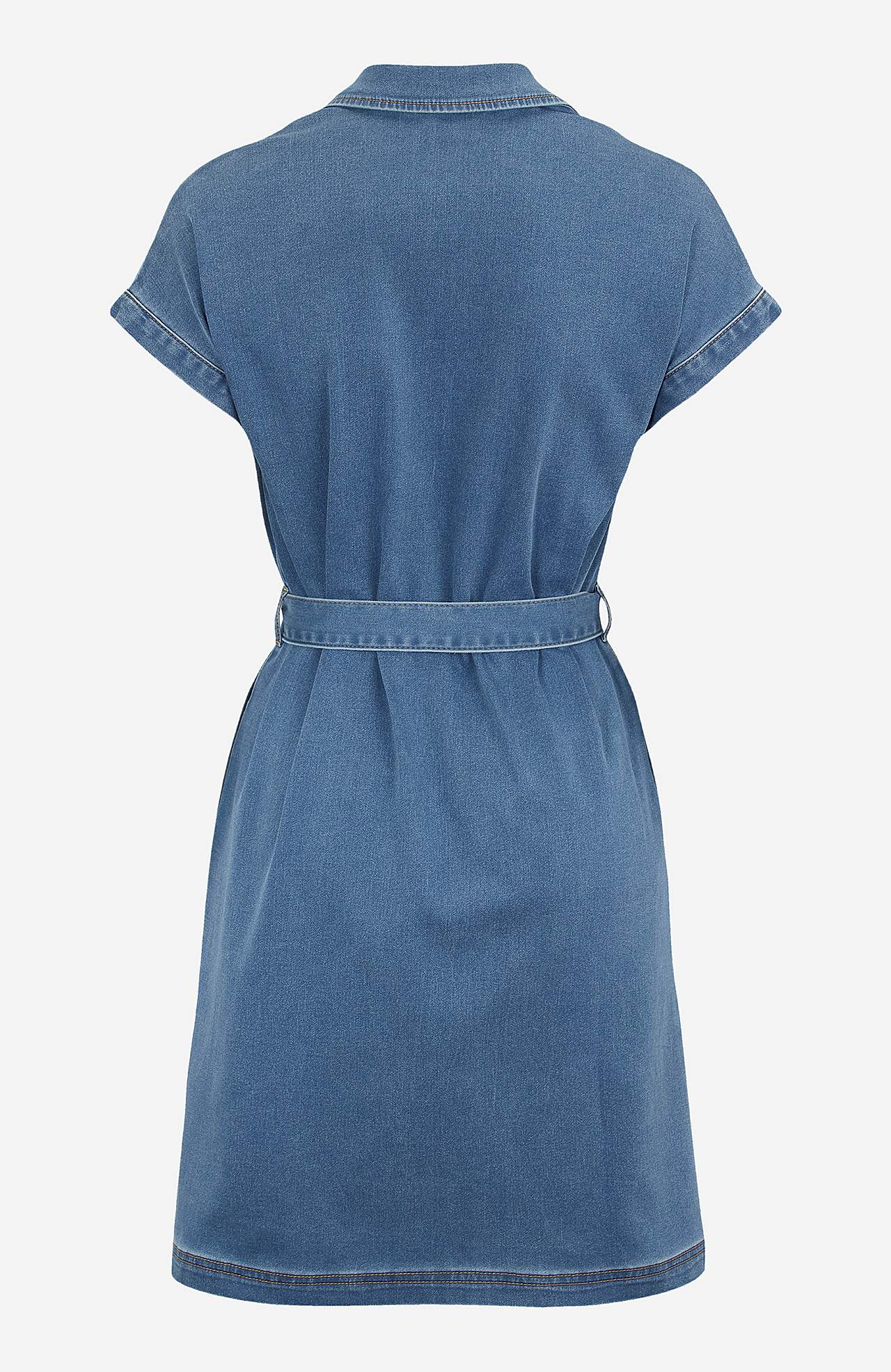 Short denim dress with tie belt