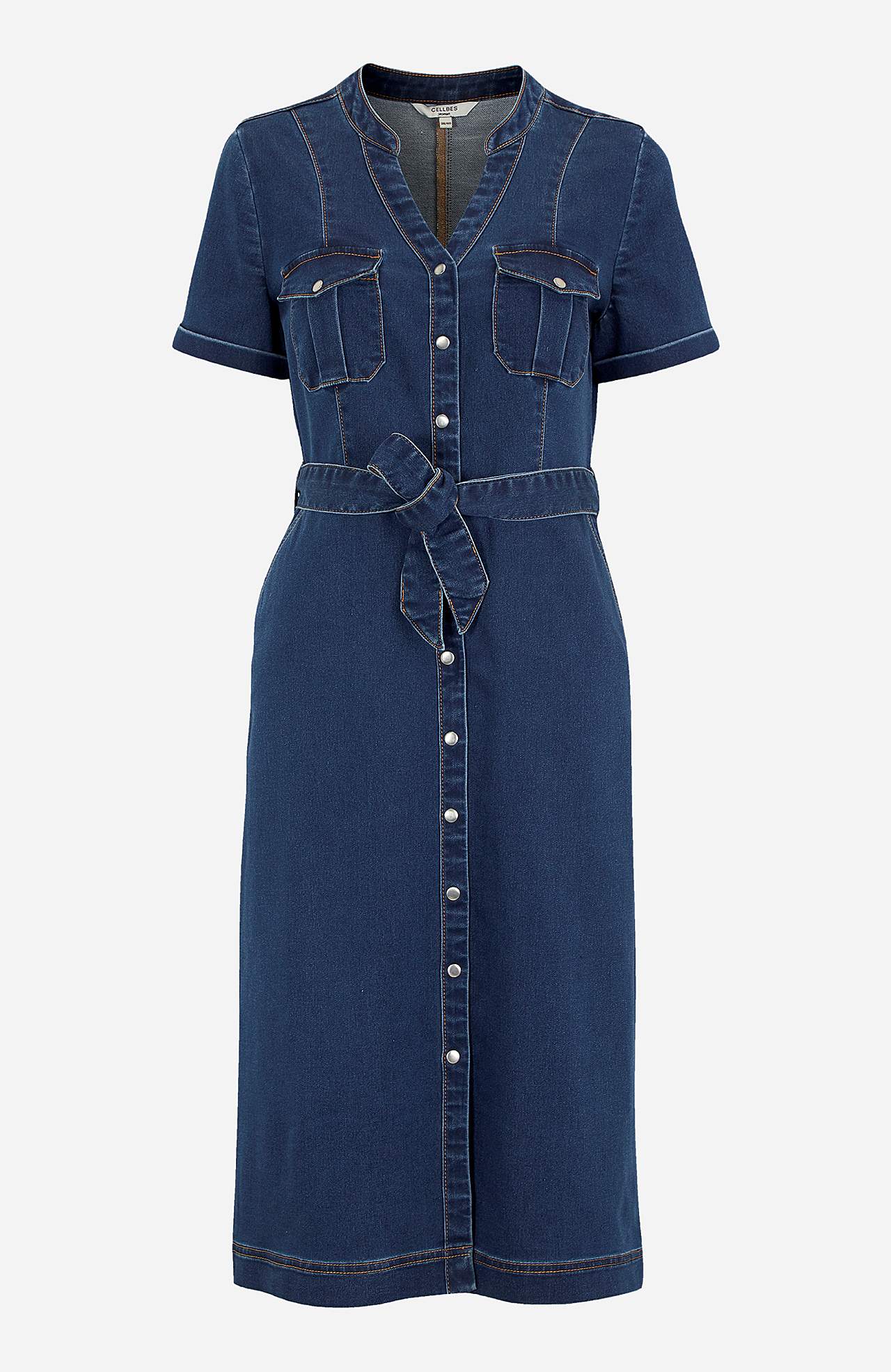 Stretchy denim dress with tie belt Olina