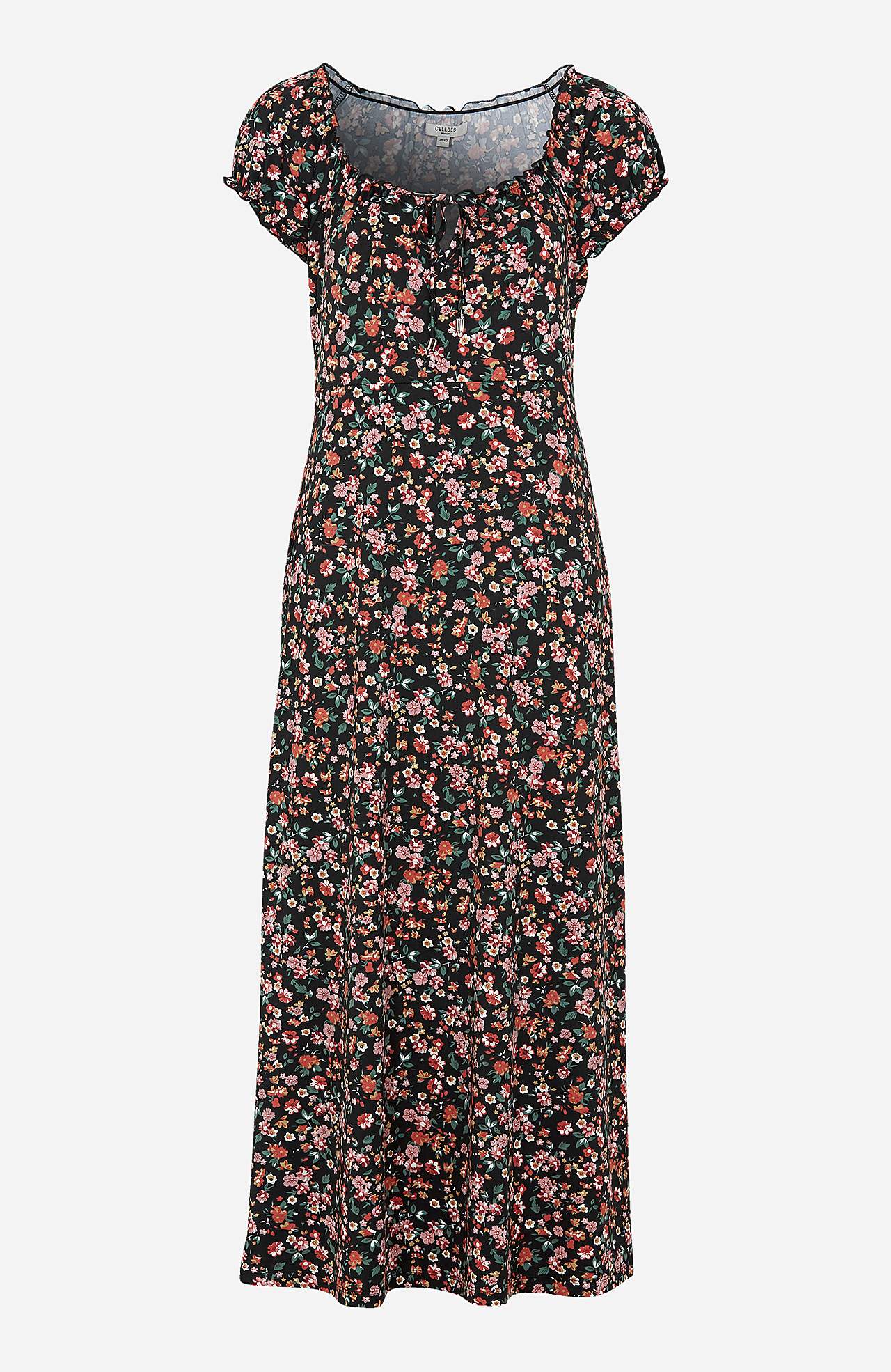 Long, patterned off-shoulder dress