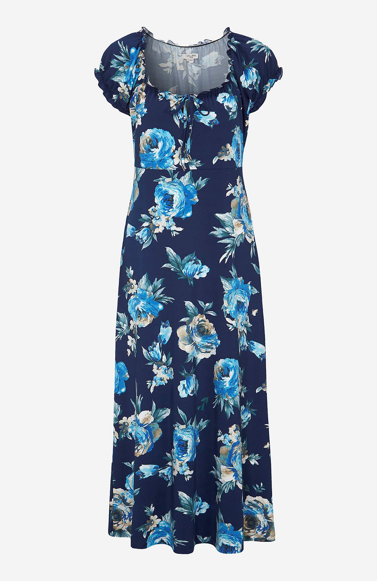 Long, patterned off-shoulder dress