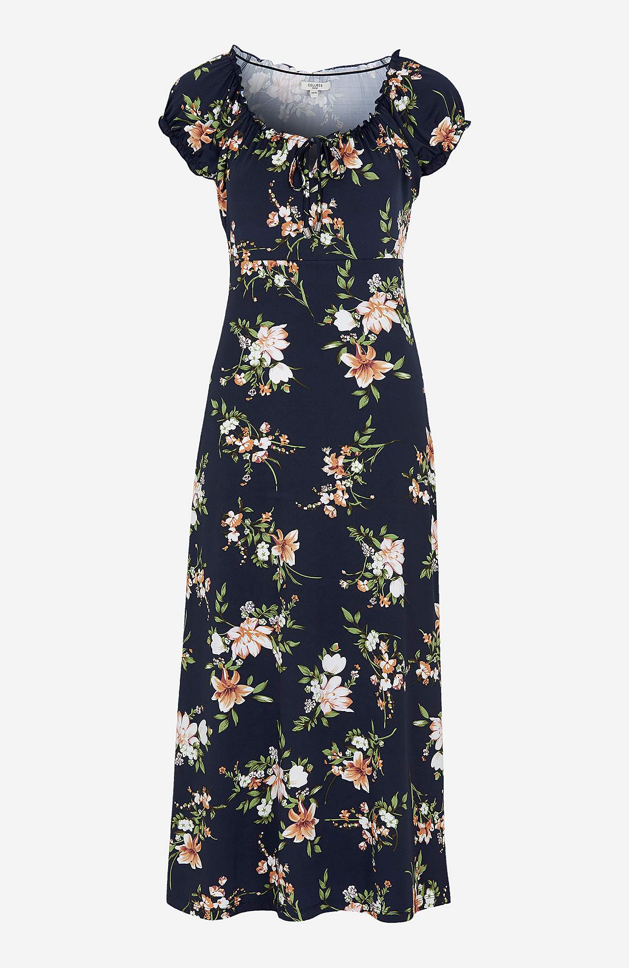 Long, patterned off-shoulder dress