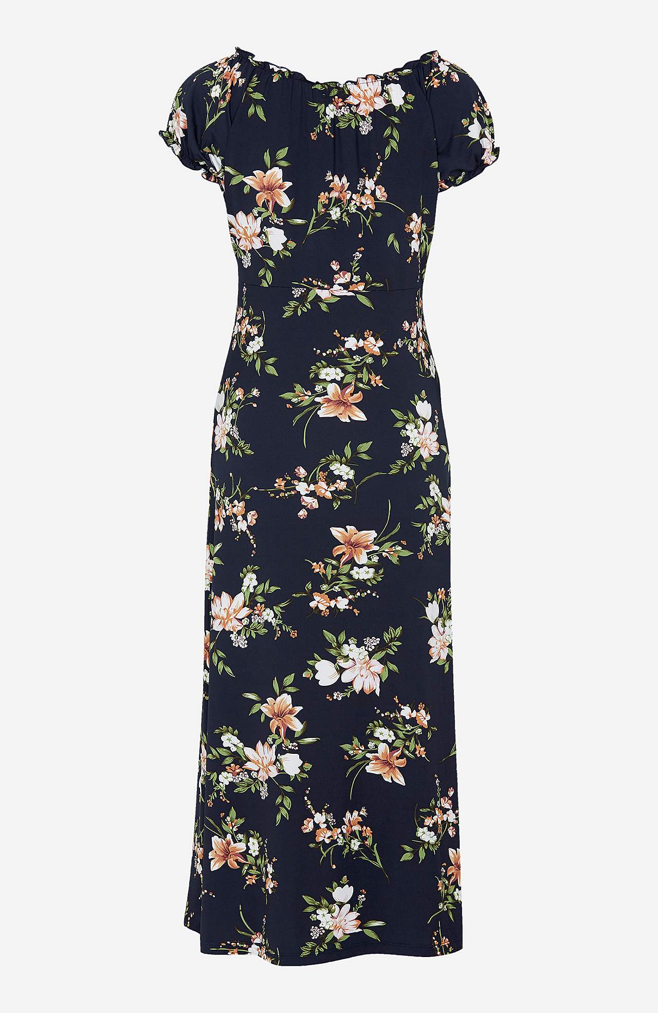 Long, patterned off-shoulder dress