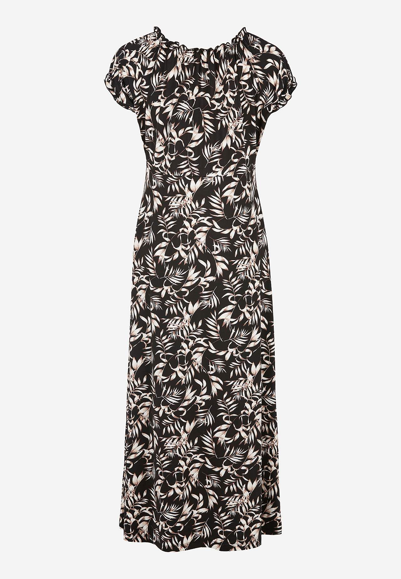 Long, patterned off-shoulder dress