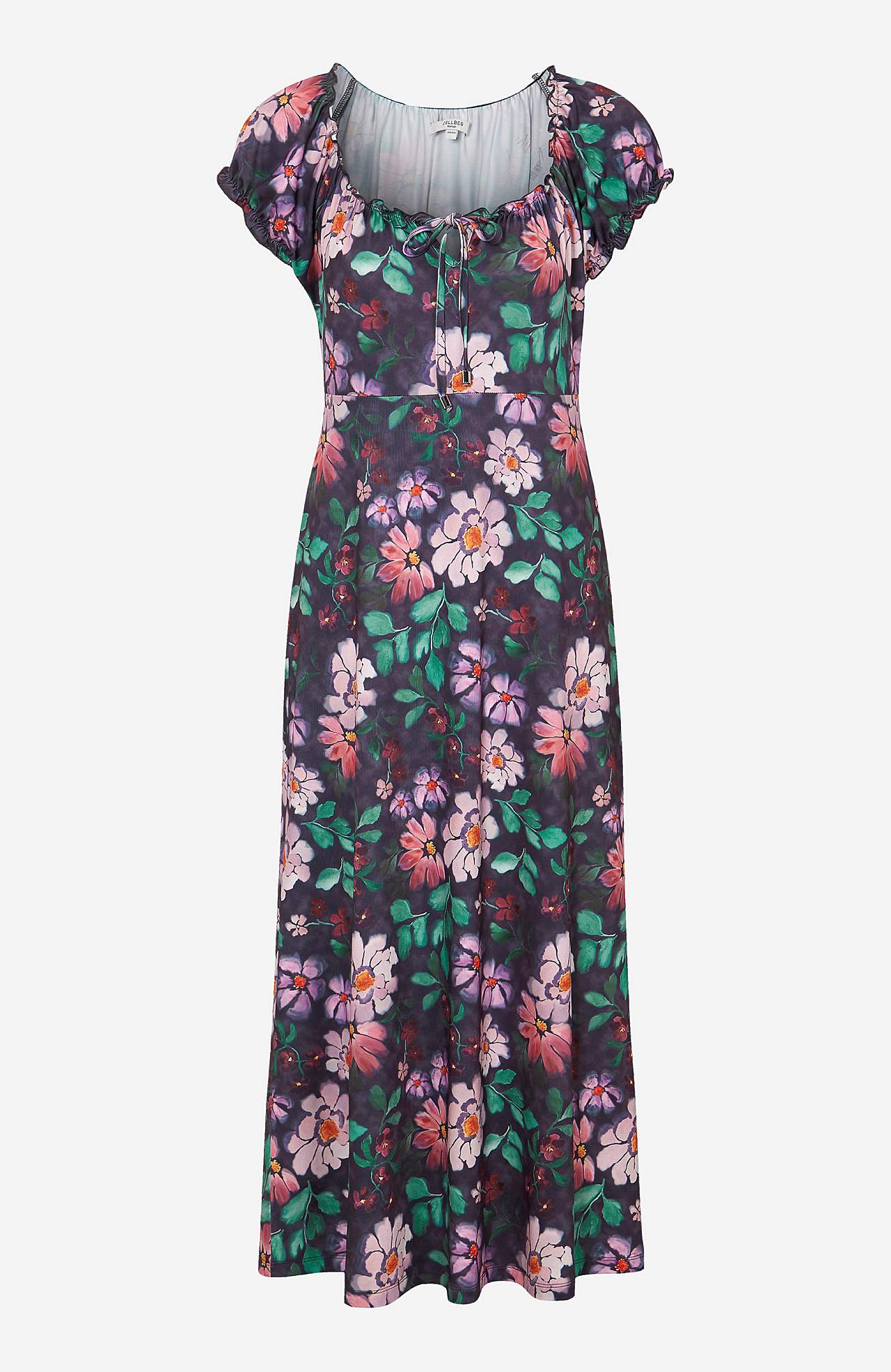 Long, patterned off-shoulder dress