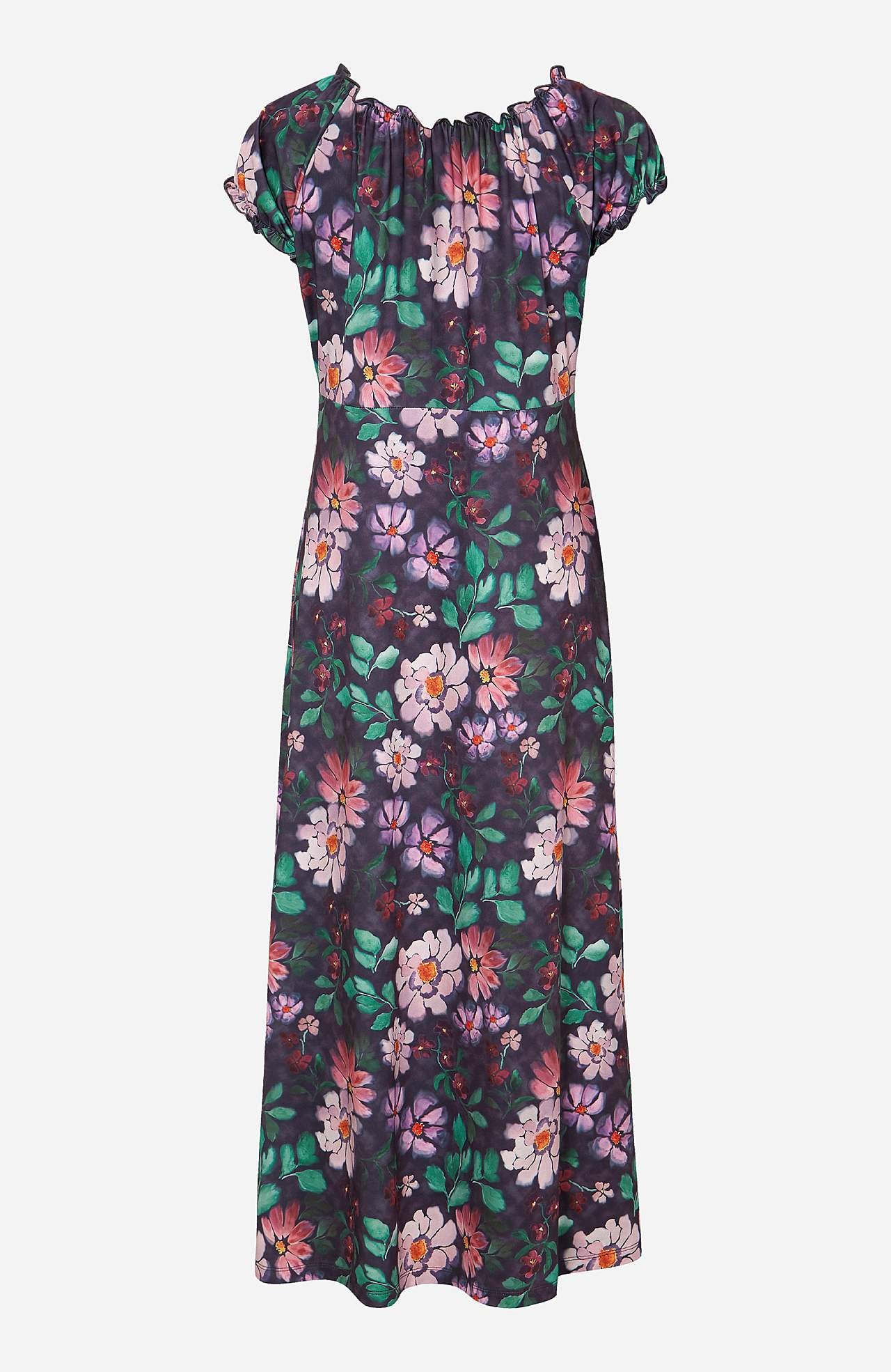 Long, patterned off-shoulder dress