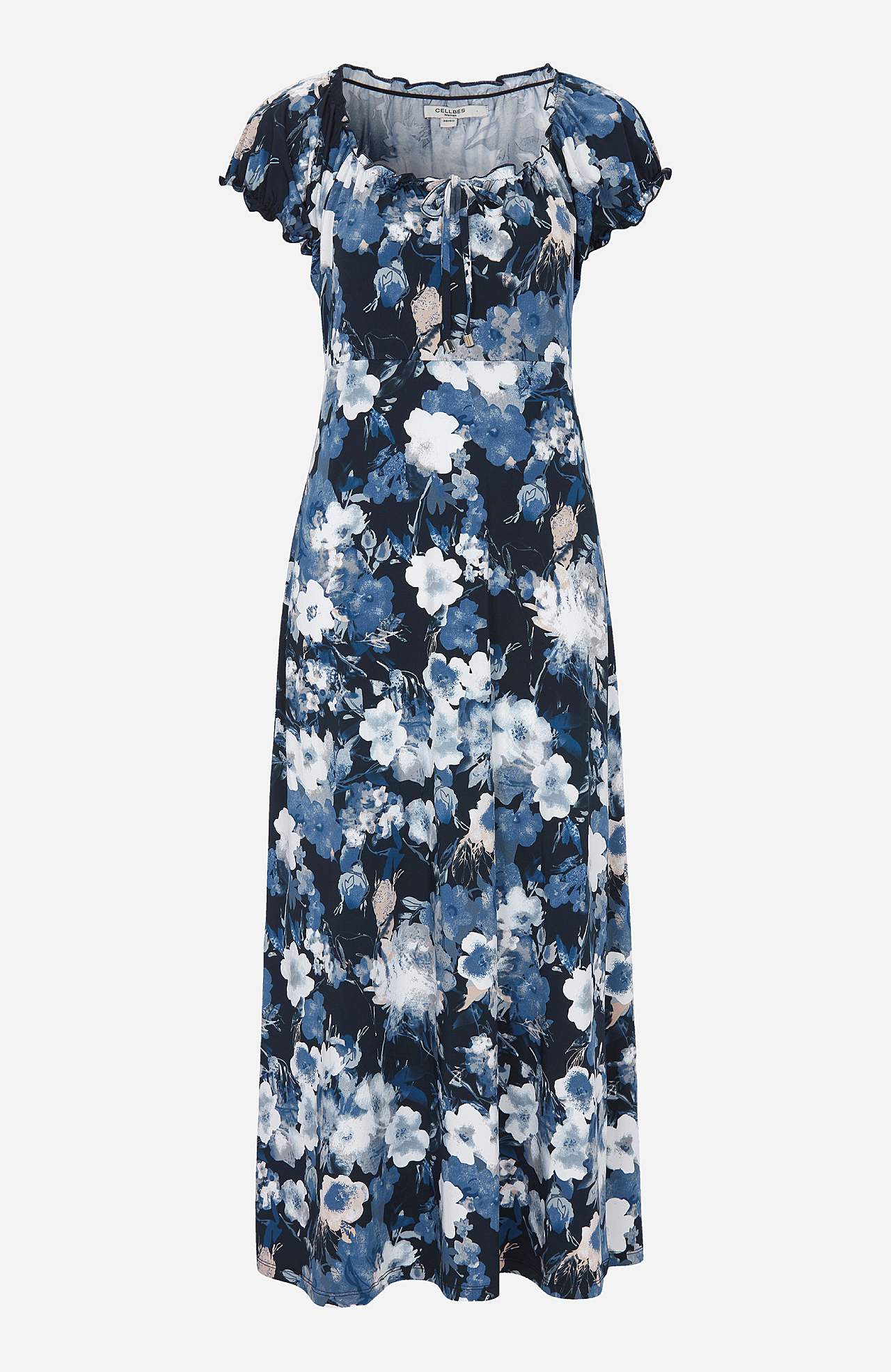 Long, patterned off-shoulder dress