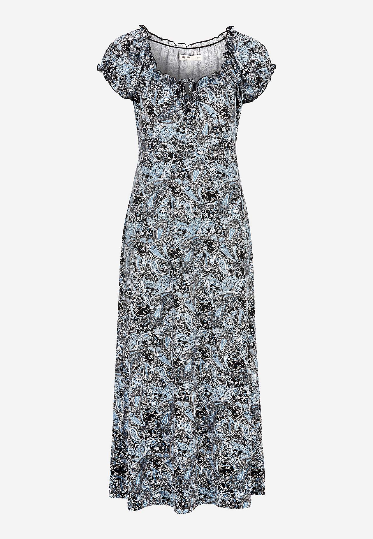 Long, patterned off-shoulder dress