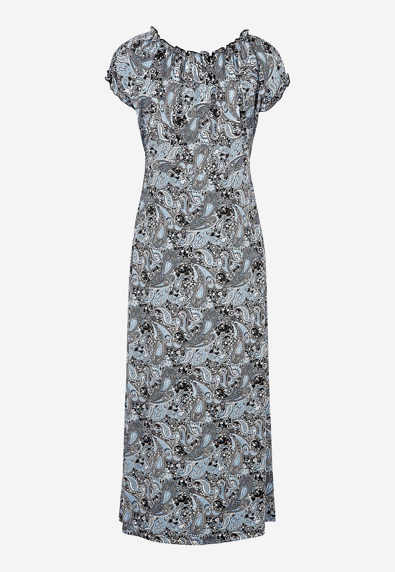 Long, patterned off-shoulder dress