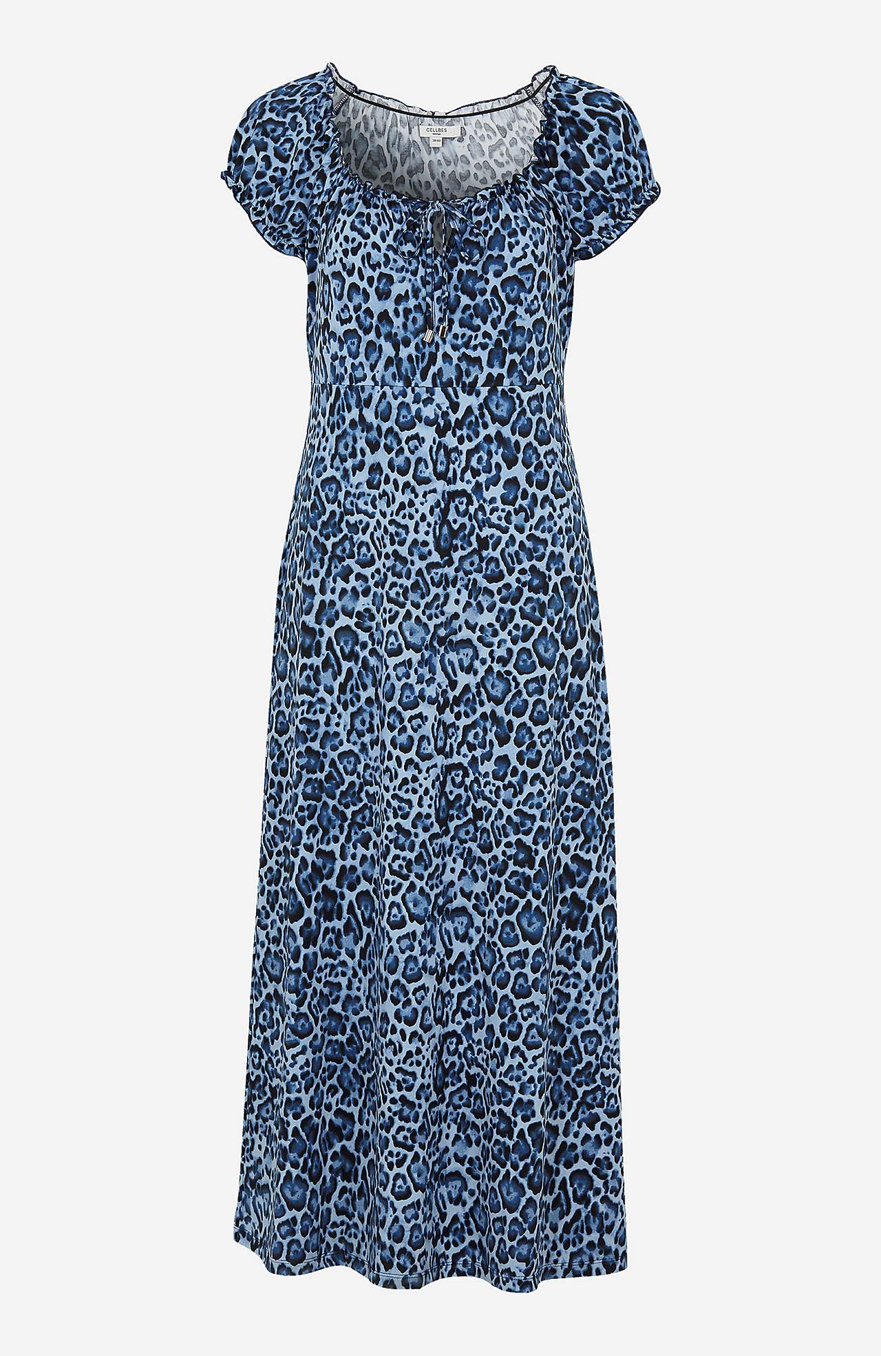 Long, patterned off-shoulder dress