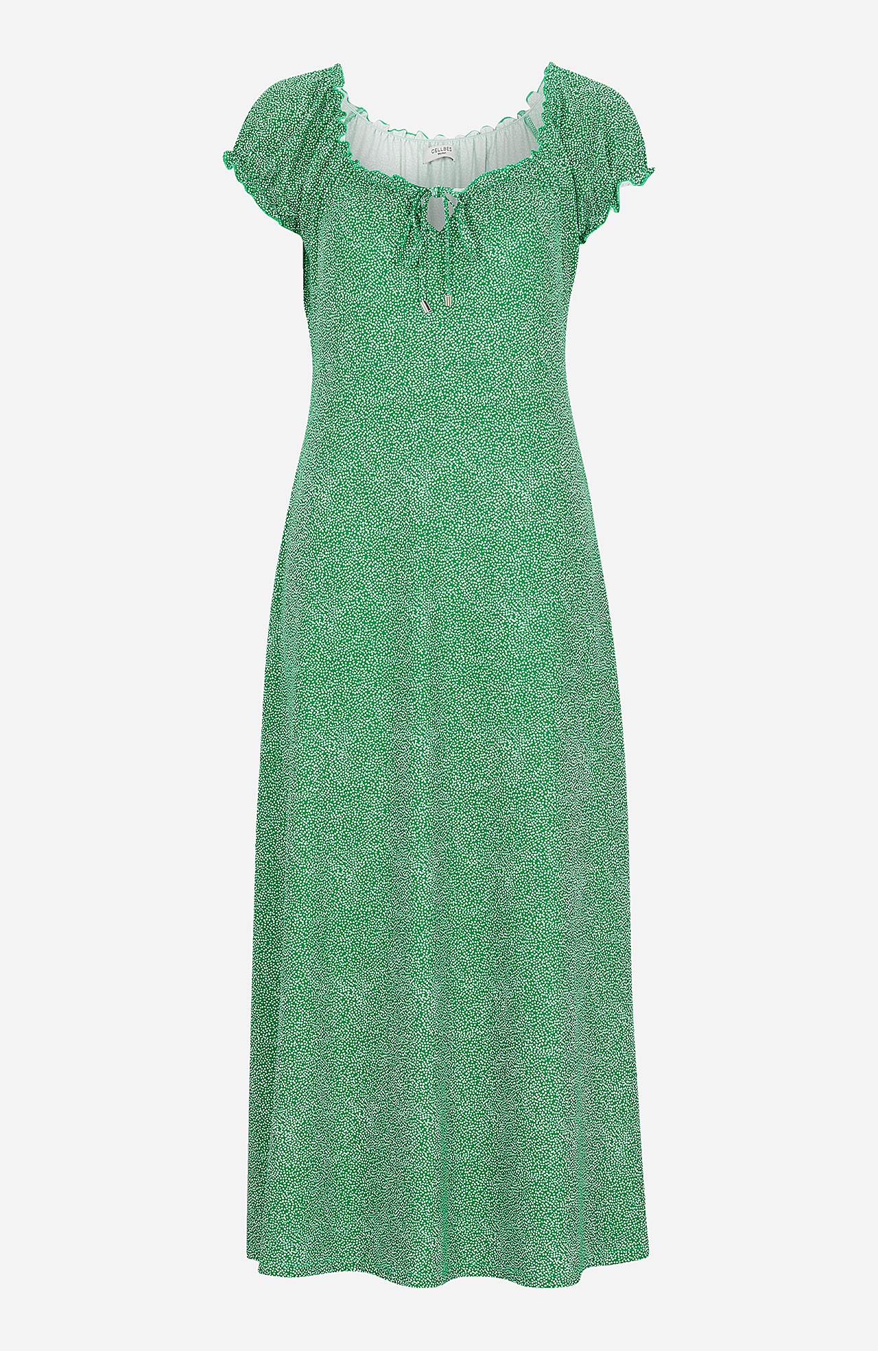 Long, patterned off-shoulder dress