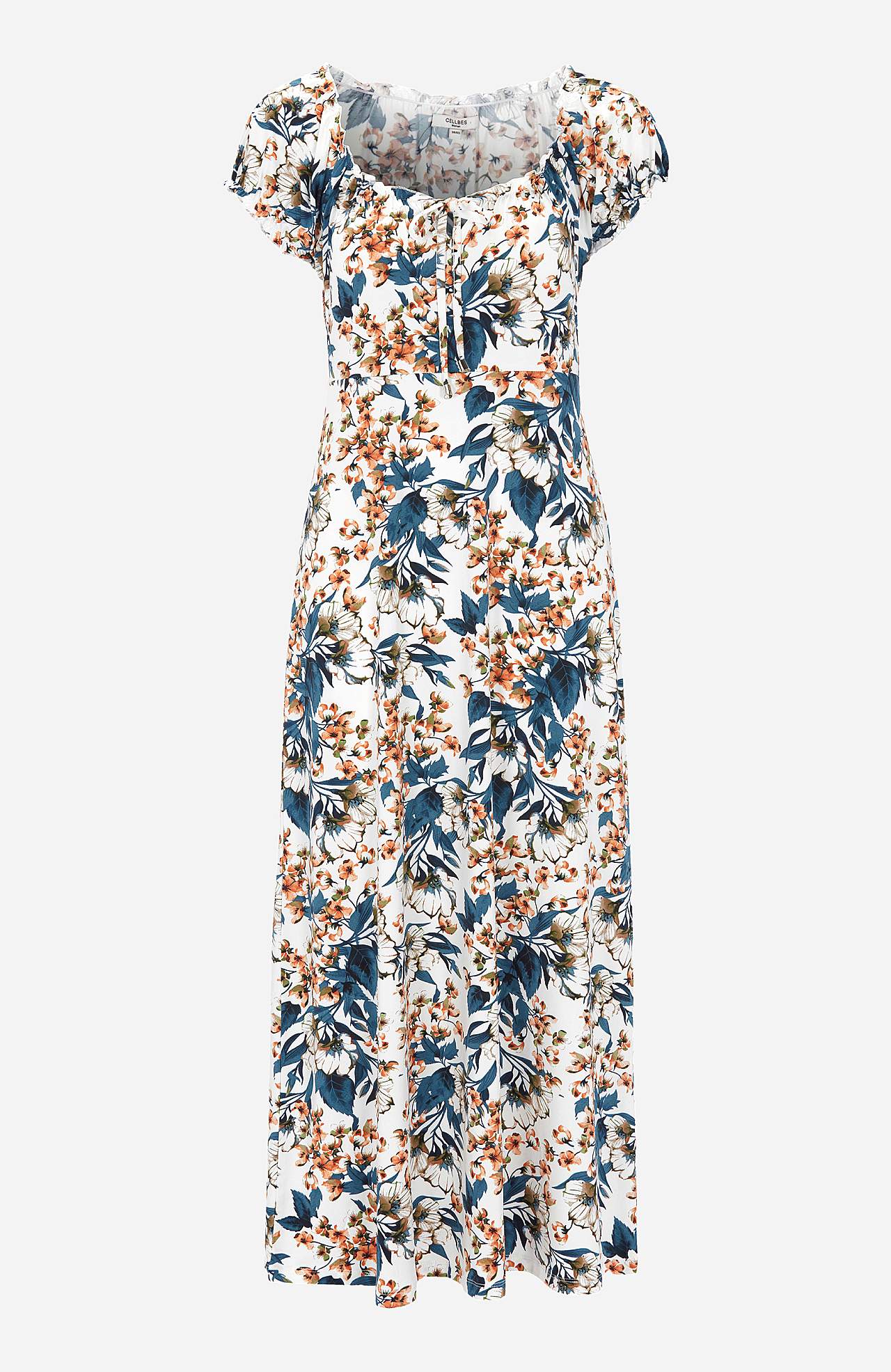 Long, patterned off-shoulder dress