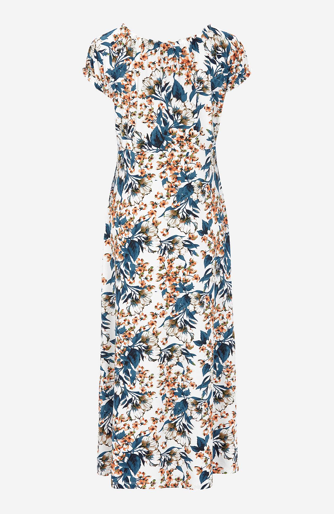 Long, patterned off-shoulder dress