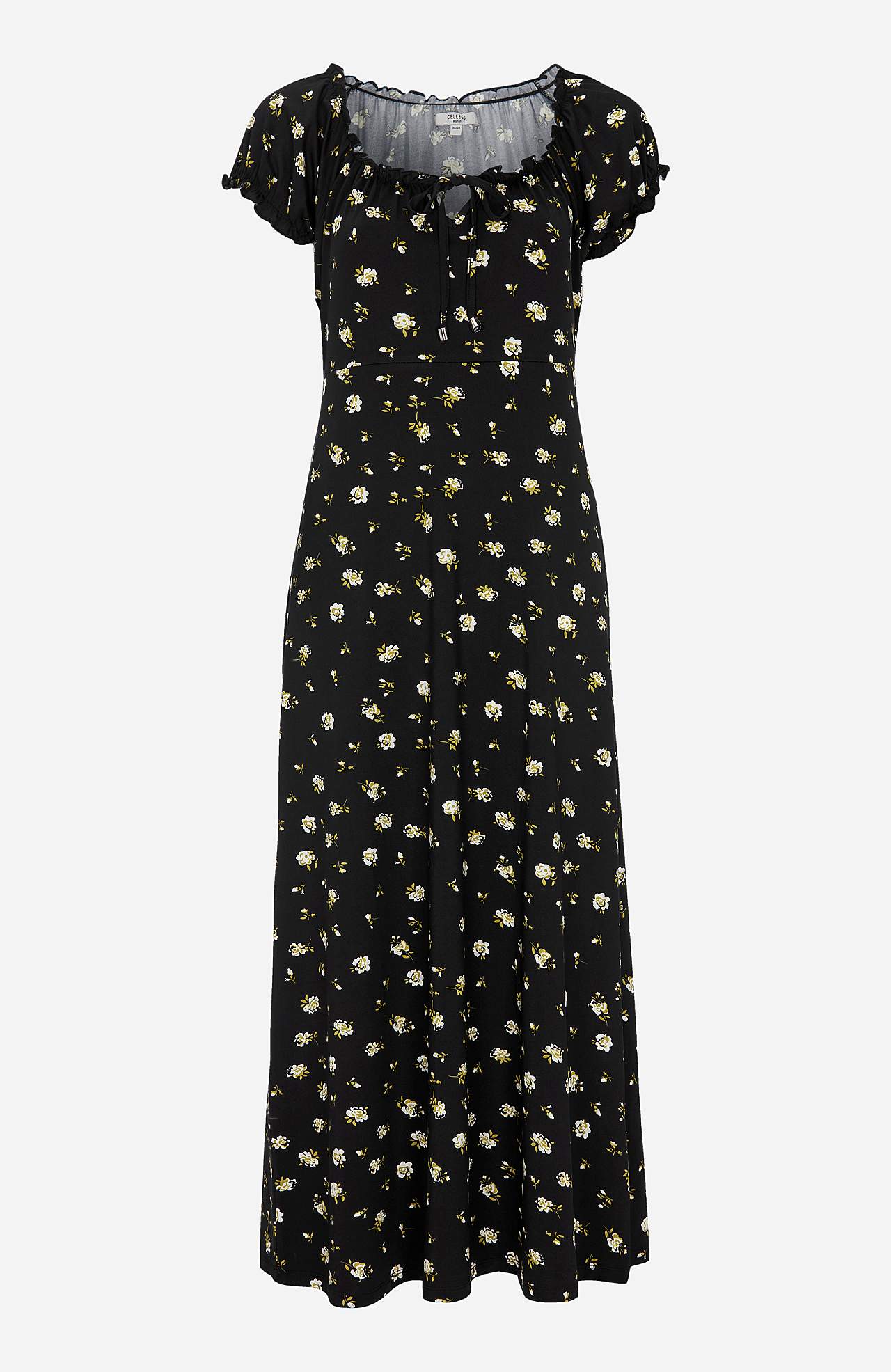 Long, patterned off-shoulder dress