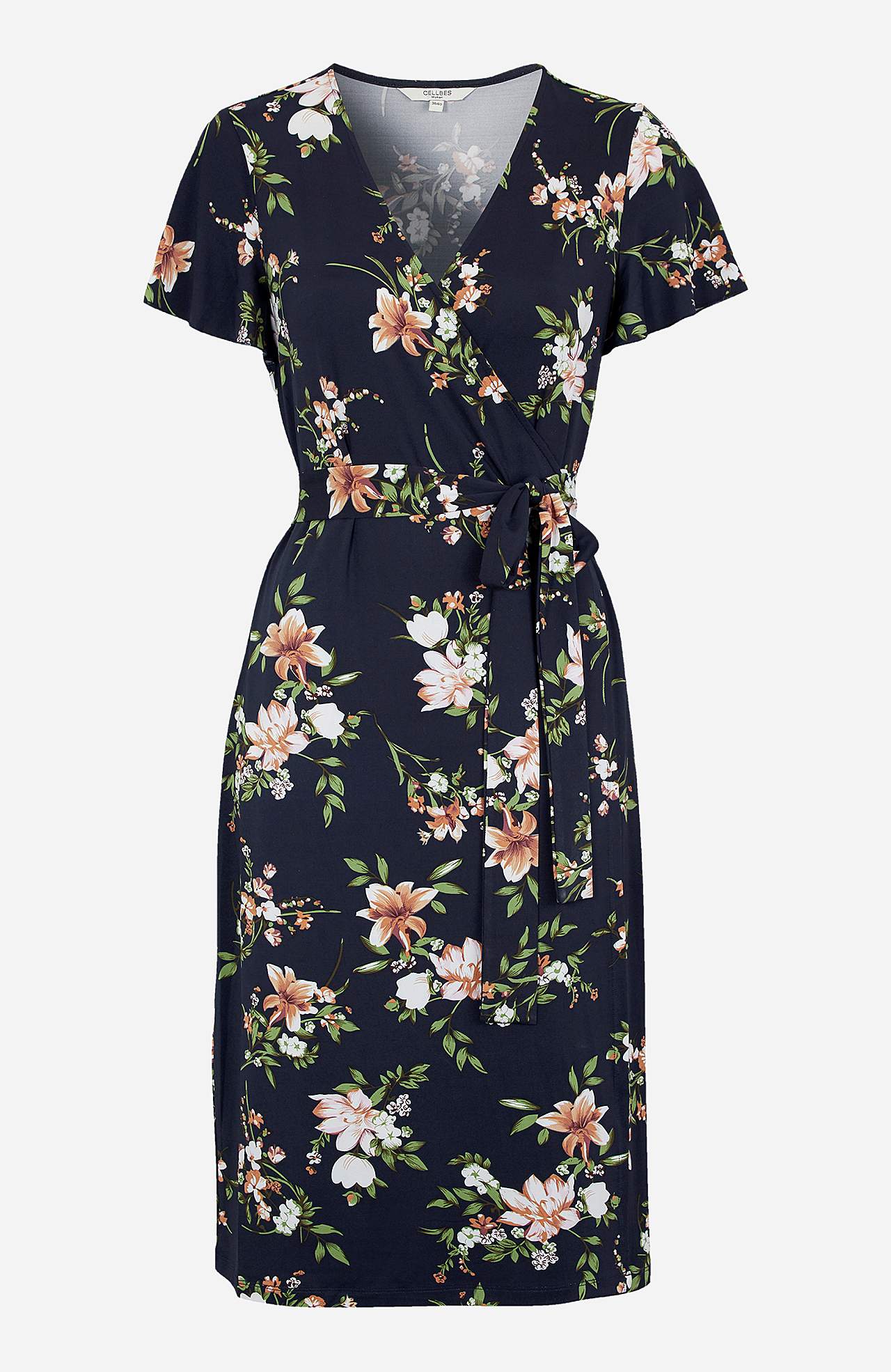 Patterned wrap front dress in jersey