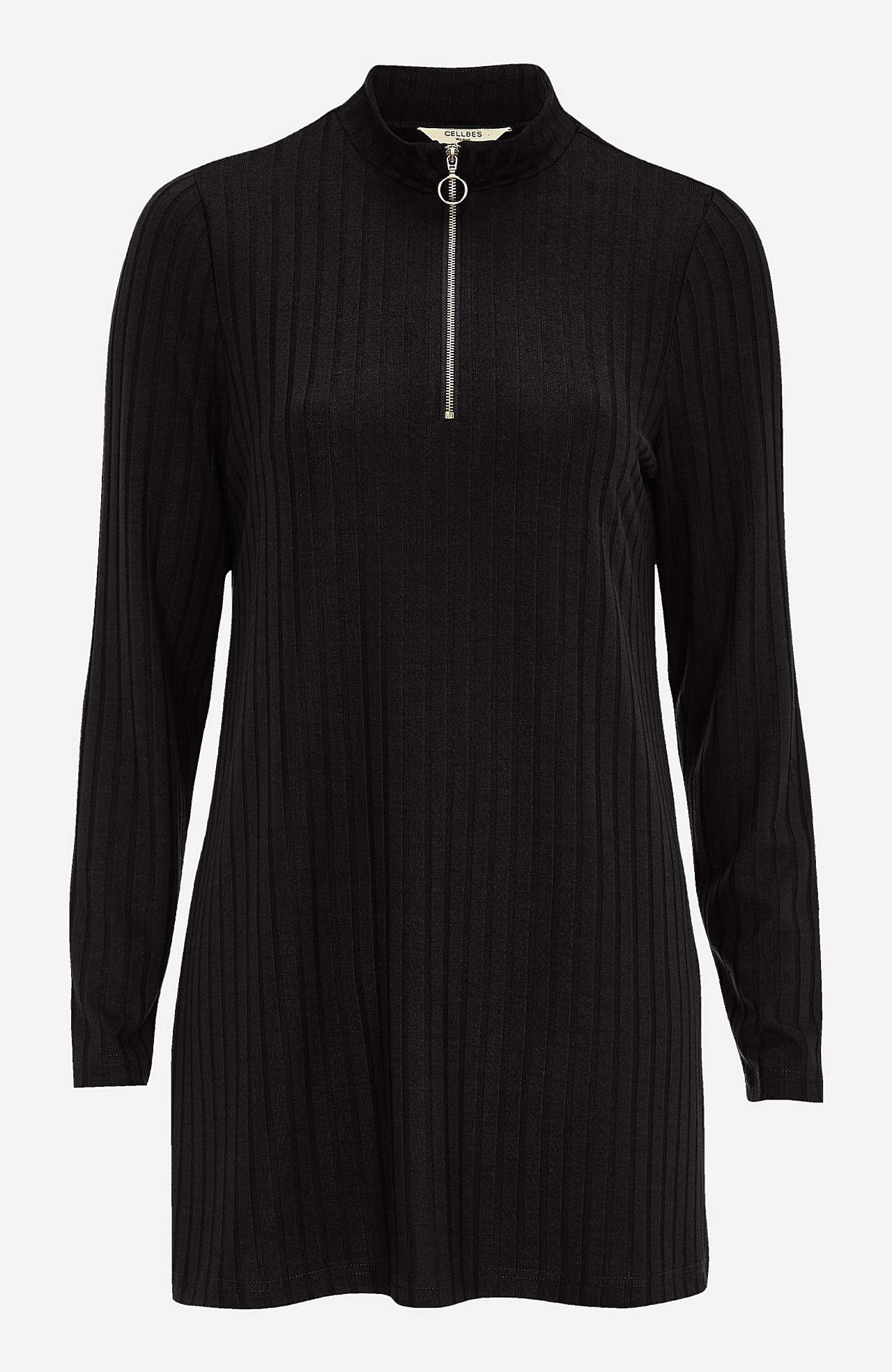Ribbed tunic top with zip and stand collar