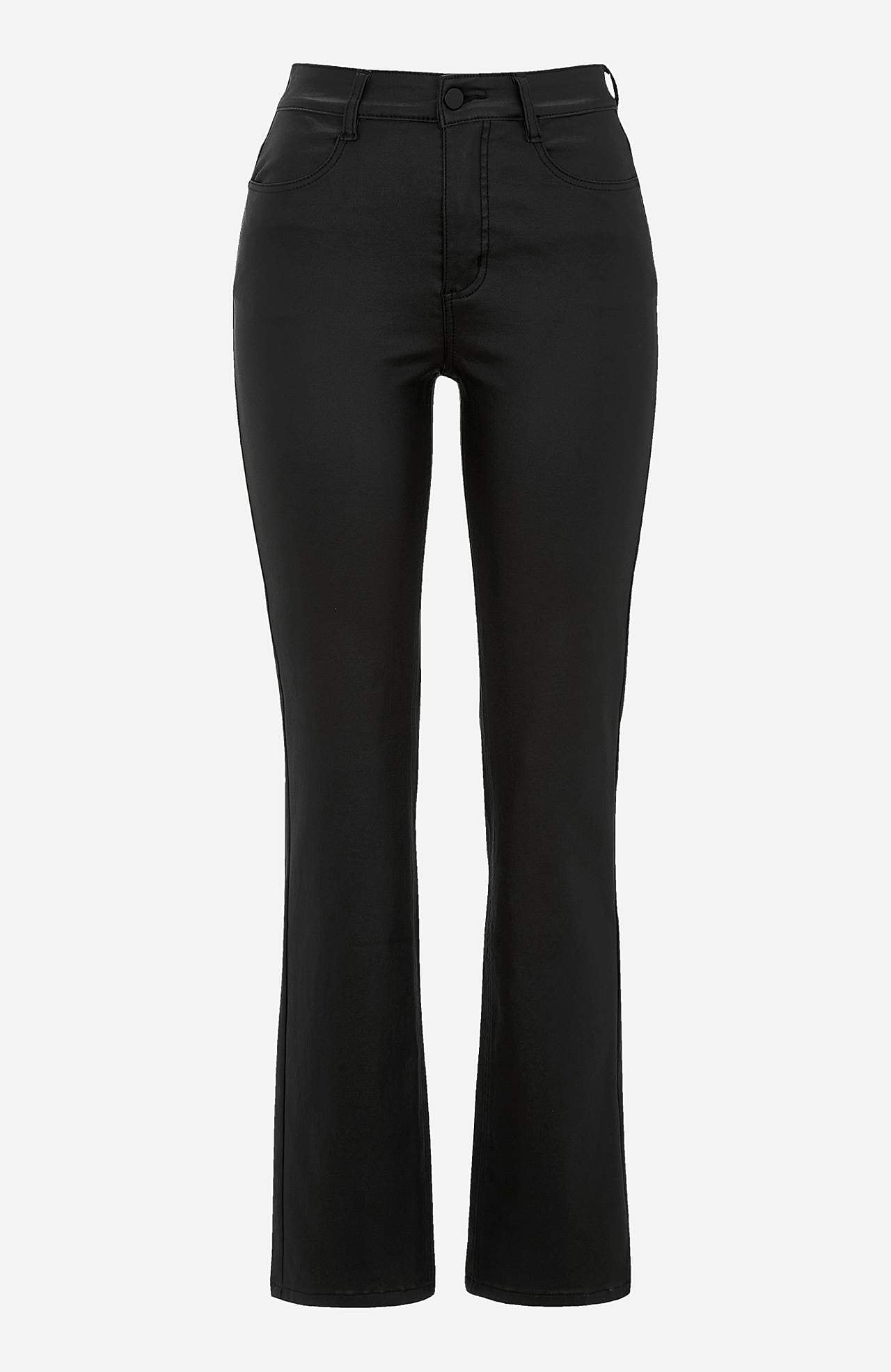 Coated trousers with straight legs