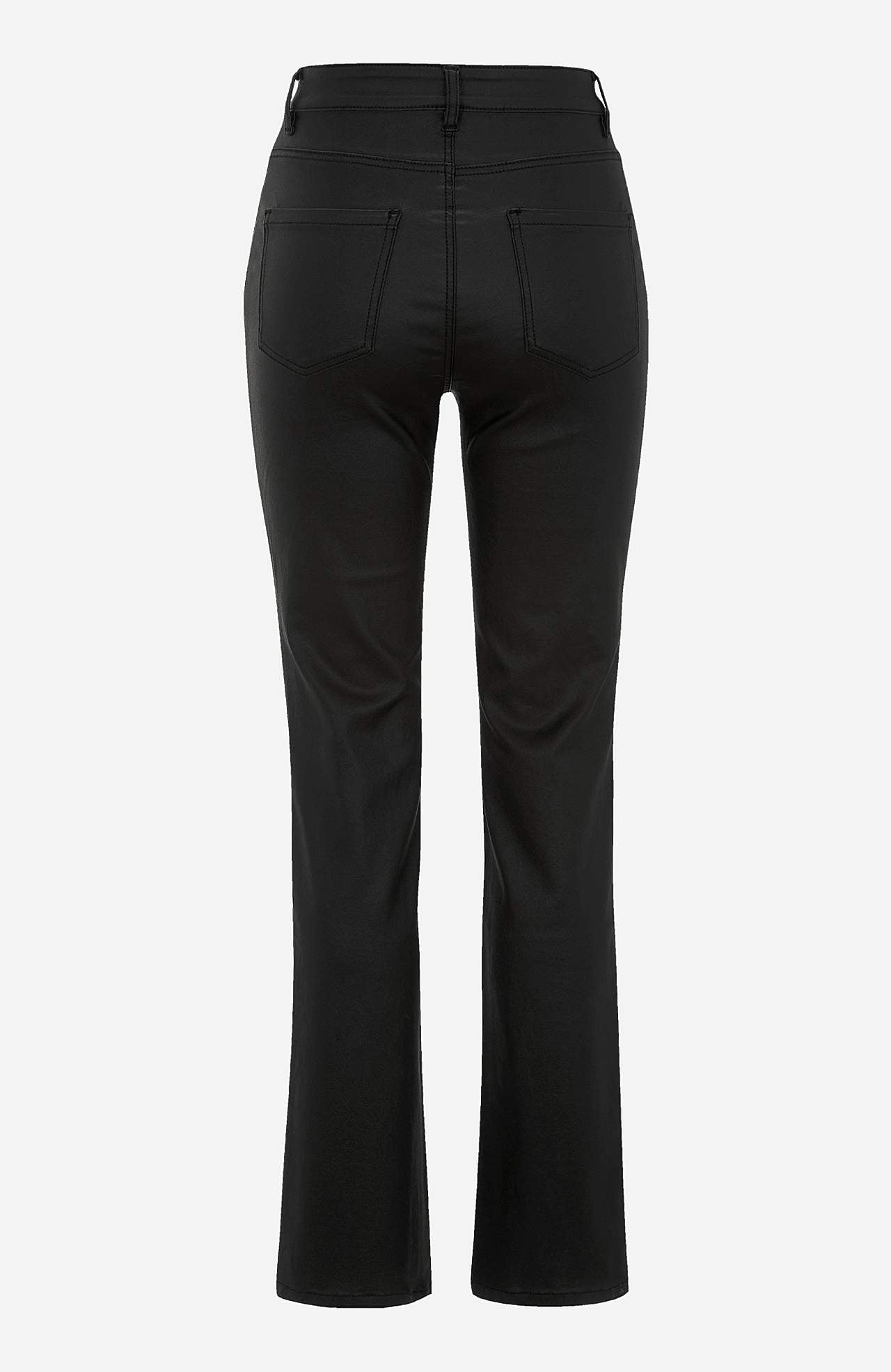 Coated trousers with straight legs