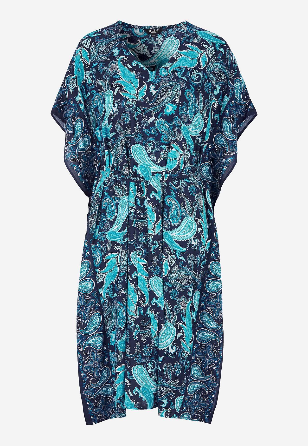 Beach caftan with belt tie and a paisley pattern