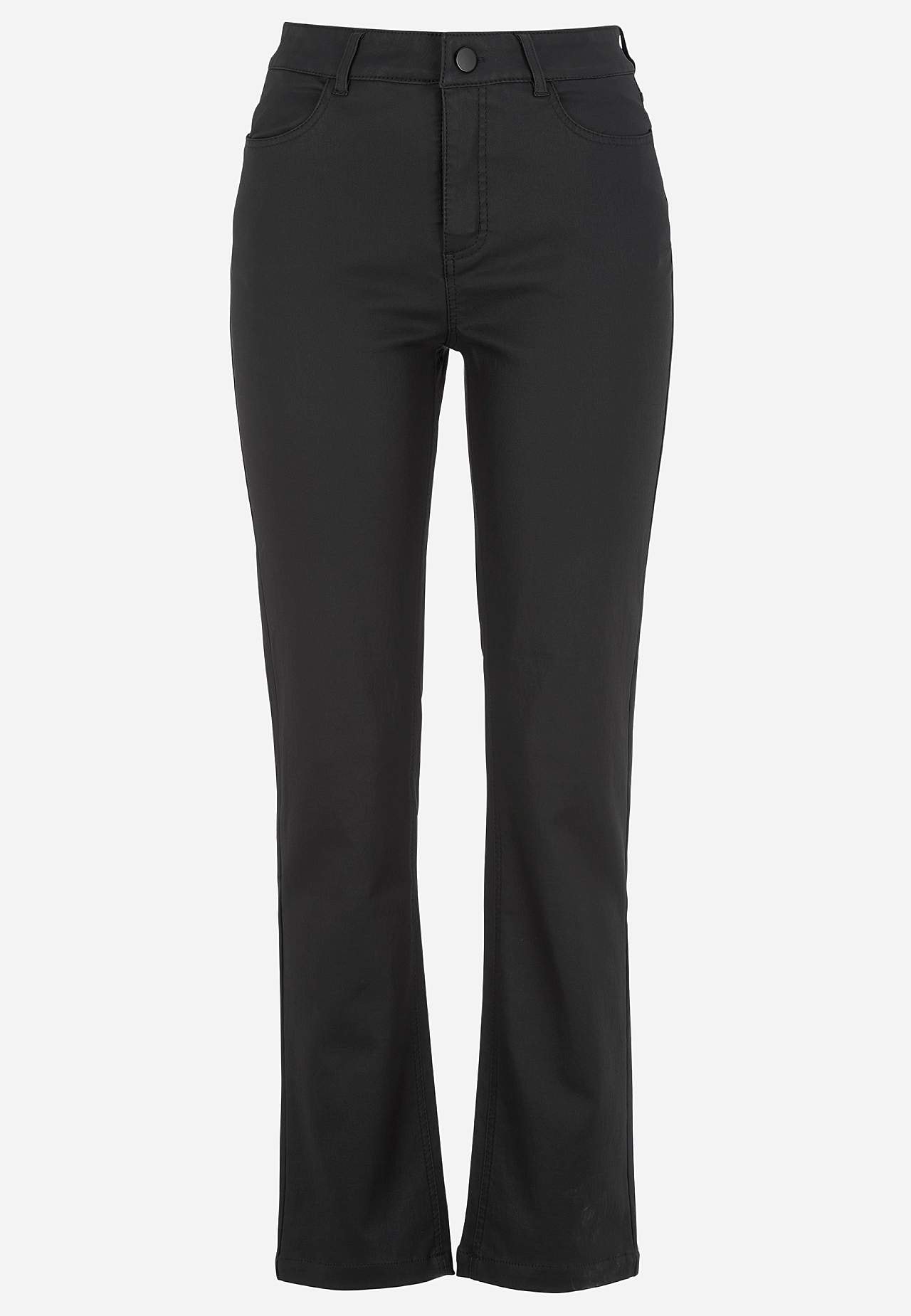 Coated trousers with straight legs