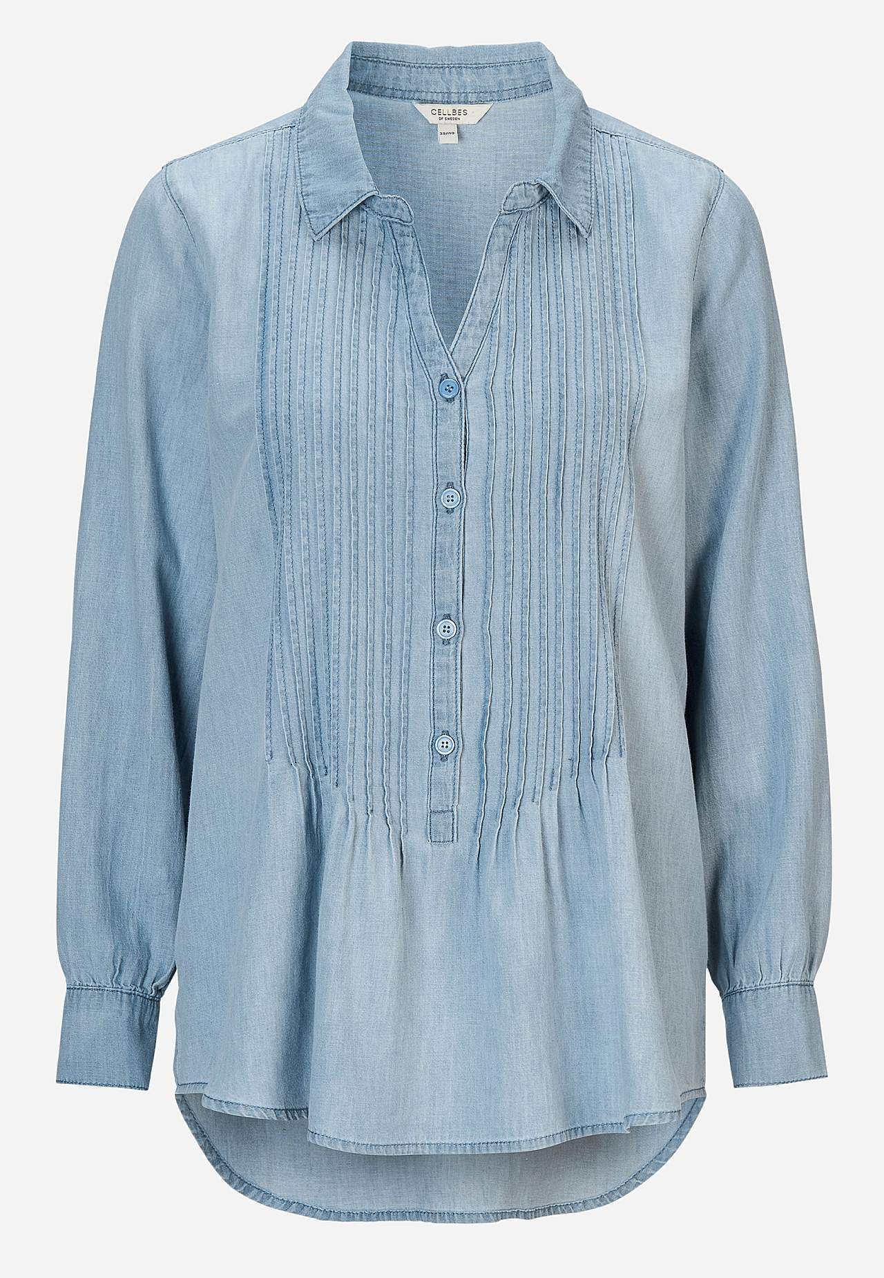 Denim blouse with sewn pleats