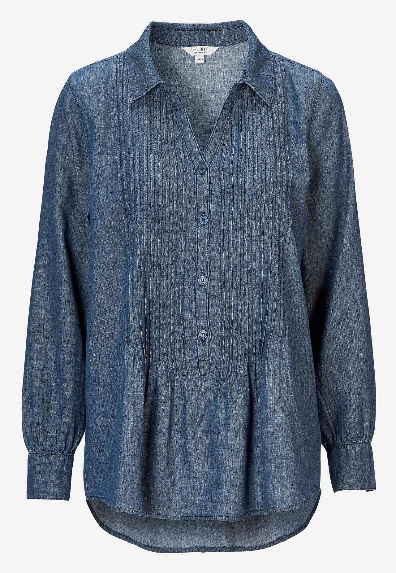 Denim blouse with sewn pleats