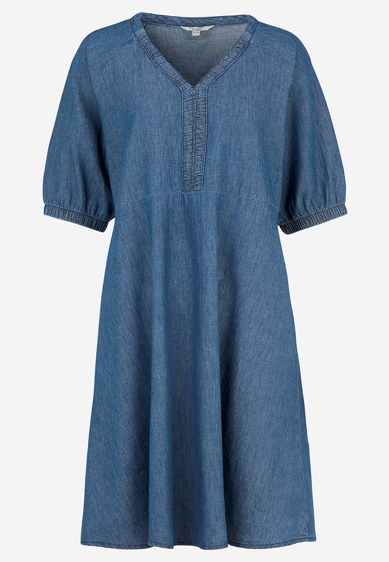 Short denim dress with puff sleeves