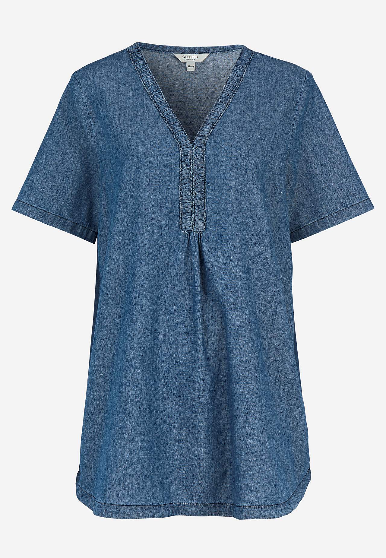Denim tunic with decorative V-neck