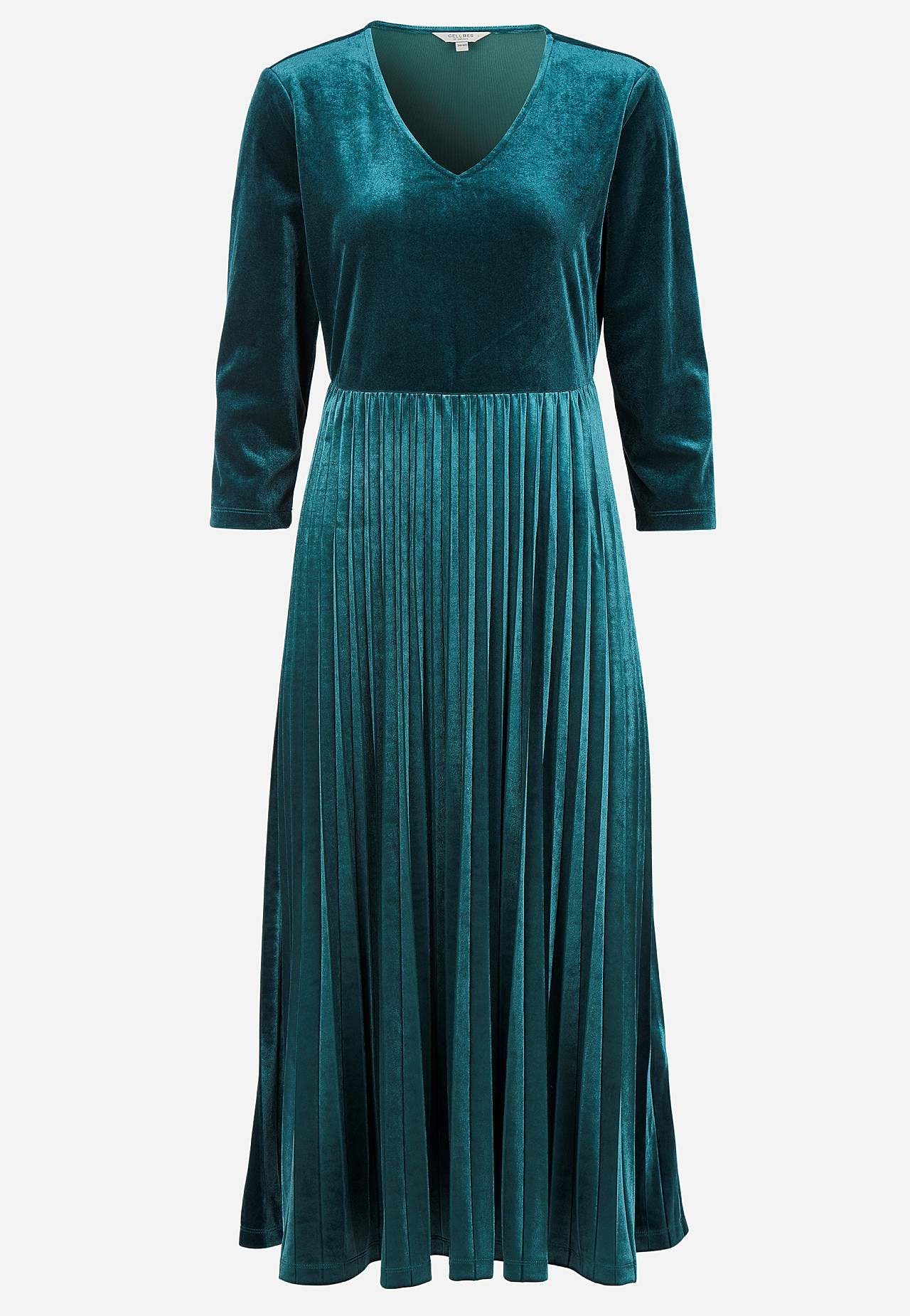 Pleated velvet dress with three-quarter length sleeve