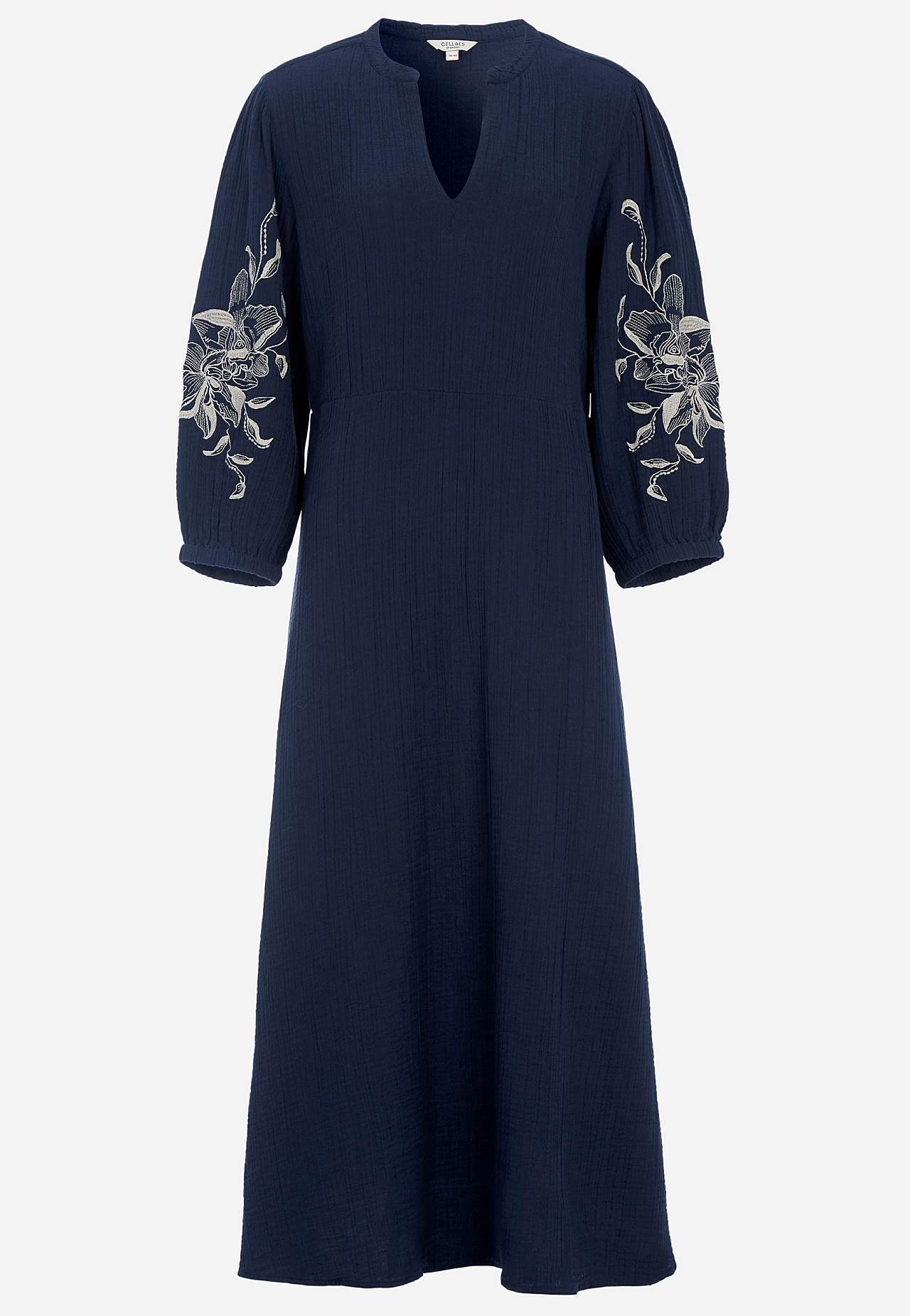 Dress in crinkled cotton with embroidery