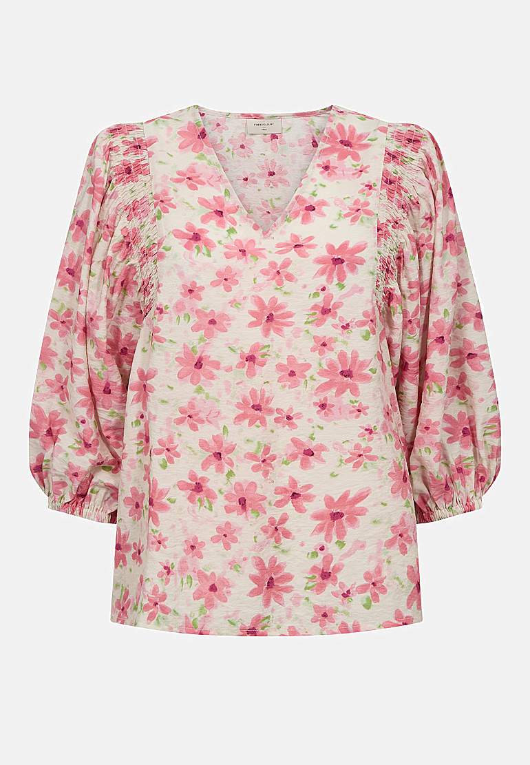 Blomstret, vævet bluse med smockdetalje