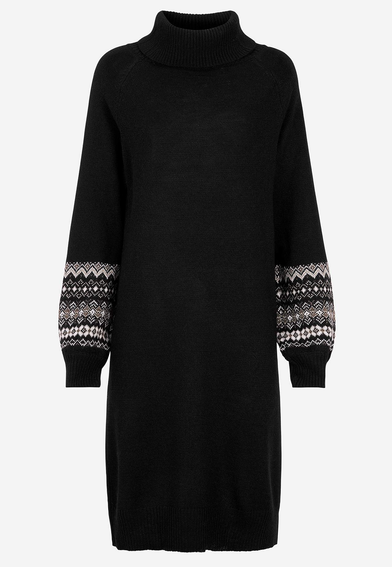 Neulottu mekko jacquard-kuvioisilla hihoilla
